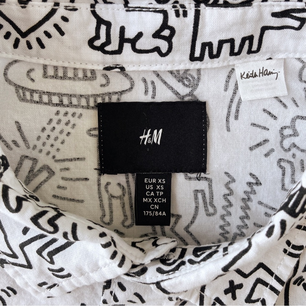 Keith Haring x HM printed white & black short sleeve button down shirt cotton - Picture 7 of 8